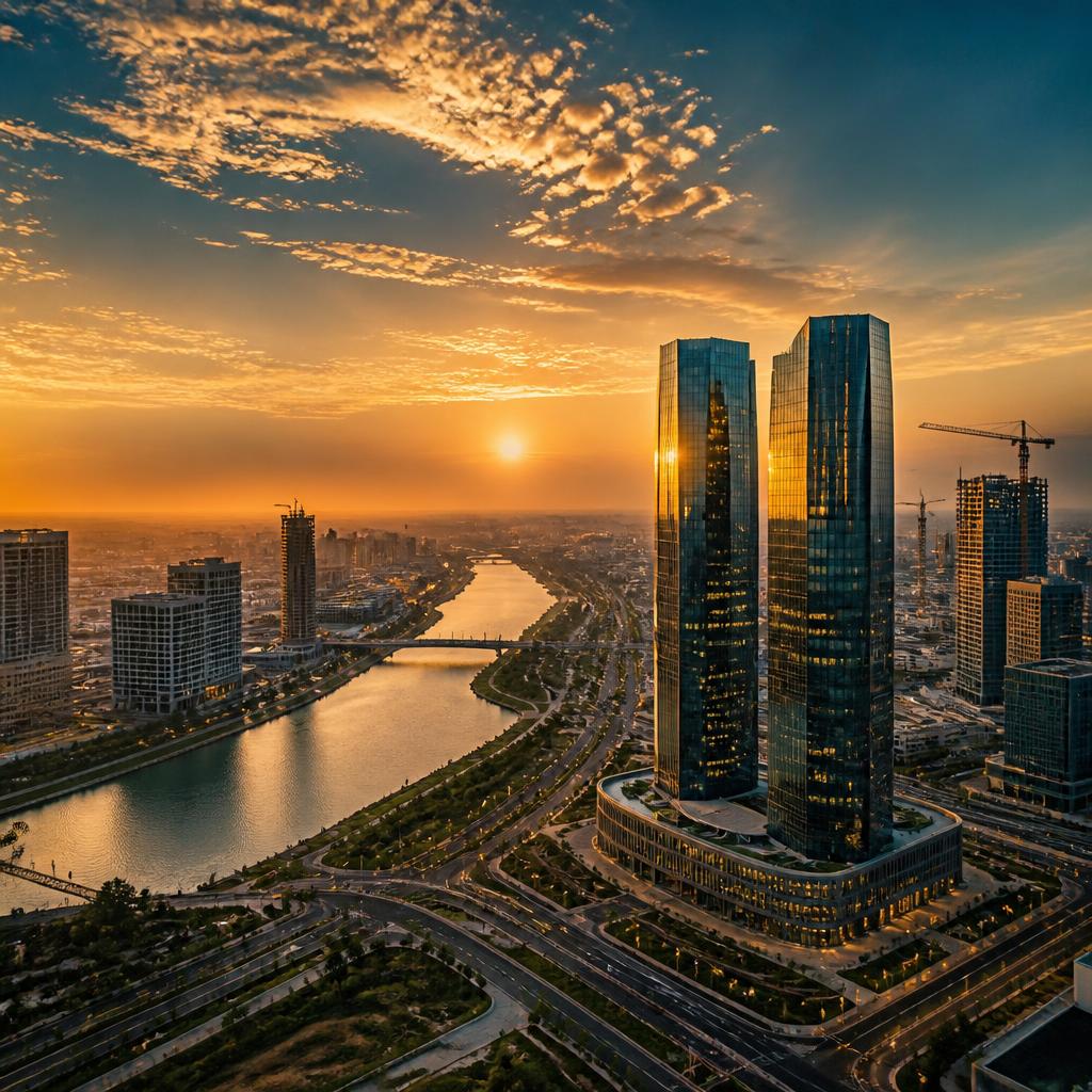 Aerial view of GIFT City's twin towers on the banks of the Sabarmati river at dusk